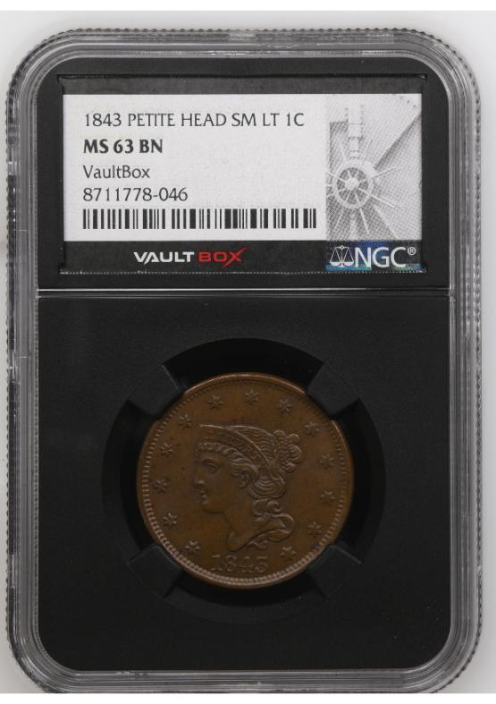 1843 PETITE HEAD SM LT 1C NGC MS63BN FRONT