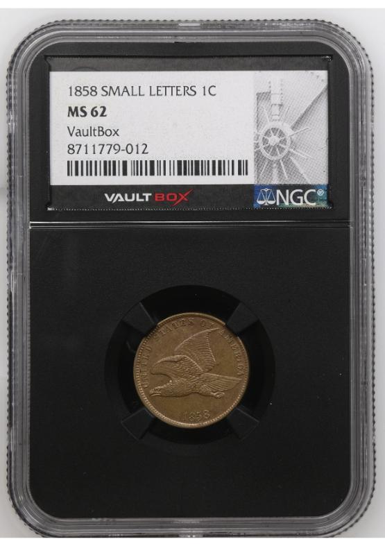 1858 SMALL LETTERS 1C NGC MS62 FRONT