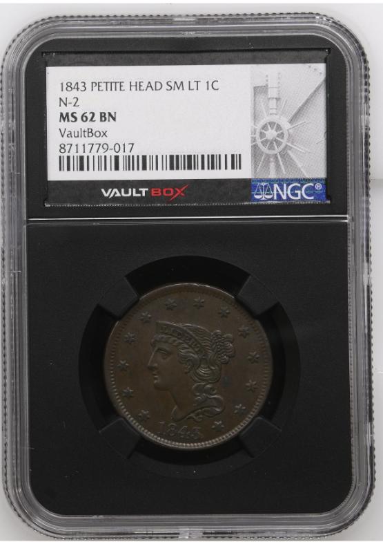 1843 PETITE HEAD SM LT 1C N-2 NGC MS62BN FRONT
