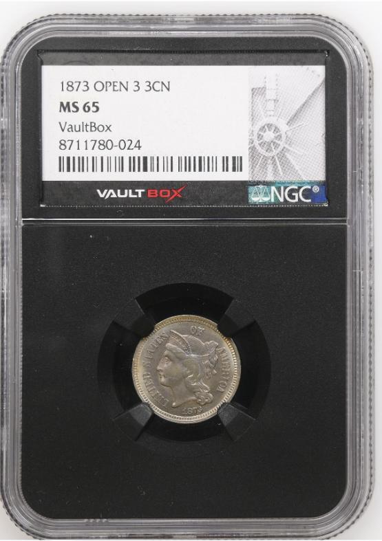 1873 OPEN 3 3CN NGC MS65 FRONT