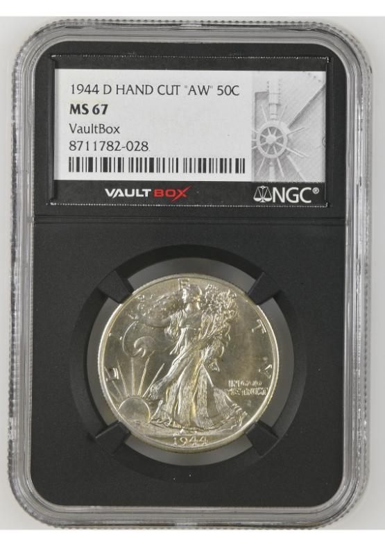 1944-D HAND CUT "AW" 50C NGC MS67 FRONT