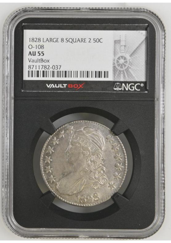 1828 LARGE 8 SQUARE 2 50C O-108 NGC AU55 FRONT