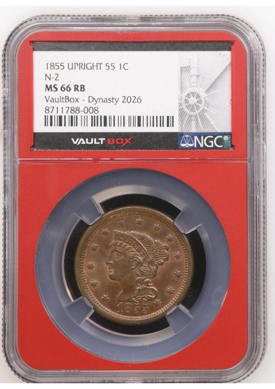 1855 UPRIGHT 55 1C N-2 NGC MS66RB FRONT