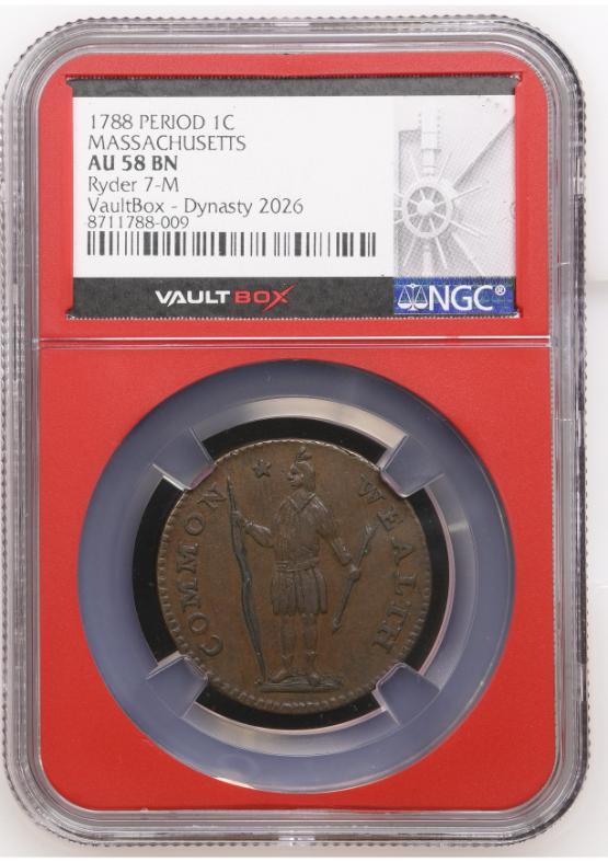 1788 PERIOD 1C MASSACHUSETTS Ryder 7-M NGC AU58BN FRONT