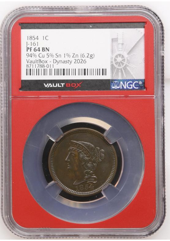 1854 1C J-161 94% Cu 5% Sn 1% Zn (6.2g) NGC PF64BN FRONT