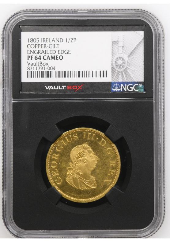 1805 IRELAND 1/2P COPPER-GILT ENGRAILED EDGE NGC PF64CAMEO FRONT