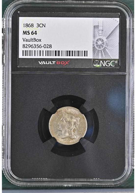 1868 3CN NGC MS64 FRONT