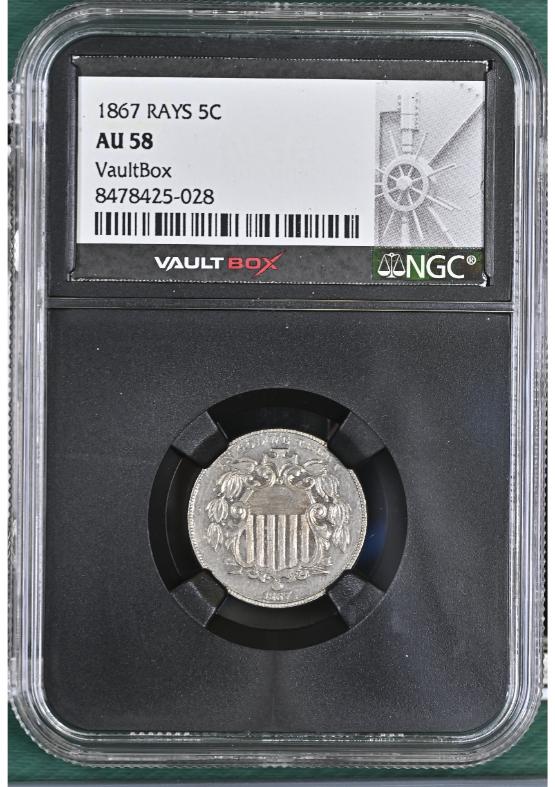 1867 RAYS 5C NGC AU58 FRONT