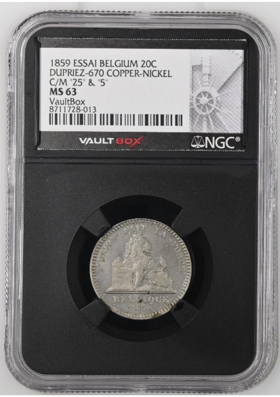 1859 ESSAI BELGIUM 20C DUPRIEZ-670 COPPER-NICKEL C/M "25" & "5" NGC MS63 FRONT