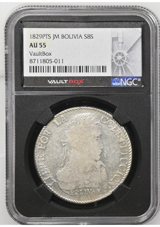 1829PTS JM BOLIVIA S8S NGC AU55 FRONT