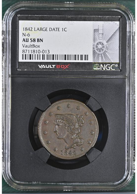 1842 LARGE DATE 1C N-6 NGC AU58BN FRONT