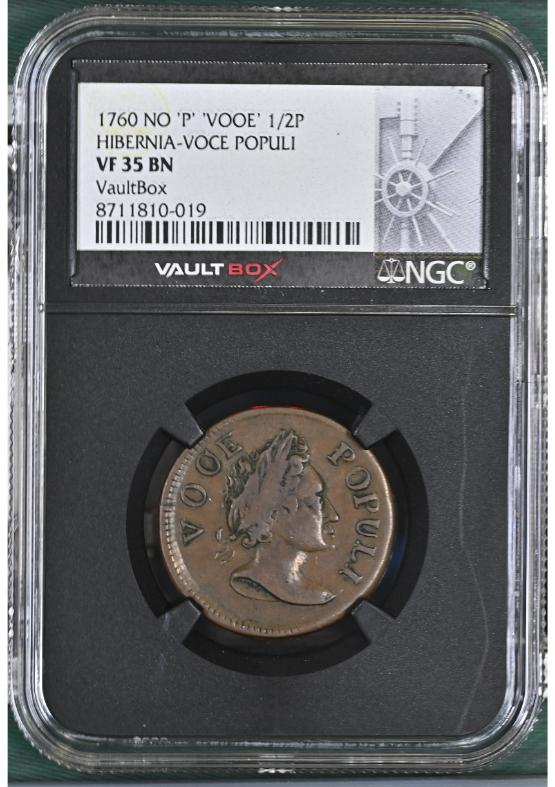 1760 NO 'P' 'VOOE' 1/2P HIBERNIA-VOCE POPULI NGC VF35BN FRONT