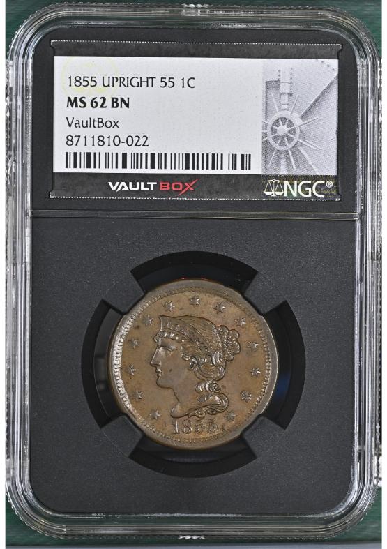 1855 UPRIGHT 55 1C NGC MS62BN FRONT