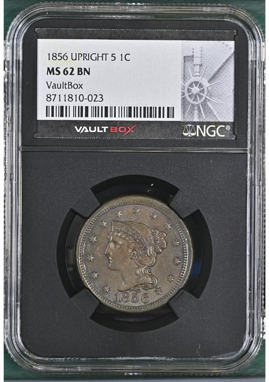 1856 UPRIGHT 5 1C NGC MS62BN FRONT