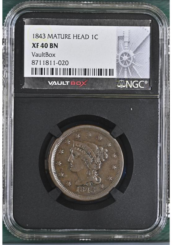 1843 MATURE HEAD 1C NGC XF40BN FRONT