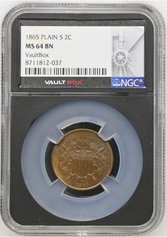 1865 PLAIN 5 2C NGC MS64BN FRONT