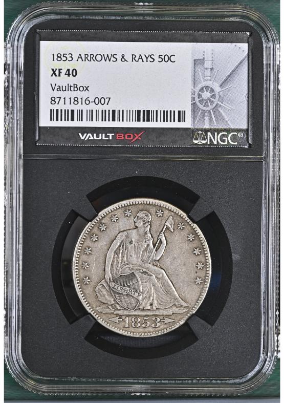 1853 ARROWS & RAYS 50C NGC XF40 FRONT