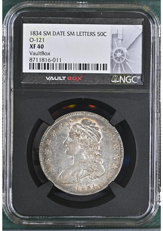 1834 SM DATE SM LETTERS 50C O-121 NGC XF40 FRONT