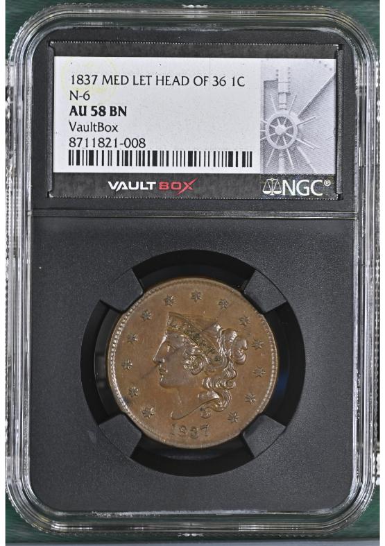 1837 MED LET HEAD OF 36 1C N-6 NGC AU58BN FRONT