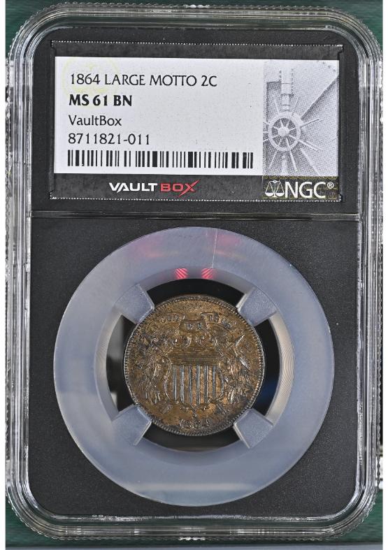 1864 LARGE MOTTO 2C NGC MS61BN FRONT