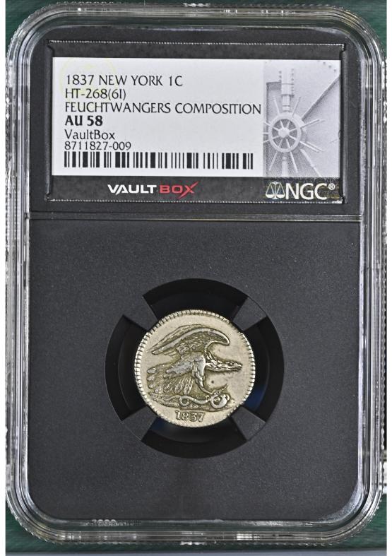 1837 NEW YORK 1C HT-268(6I) FEUCHTWANGERS COMPOSITION NGC AU58 FRONT