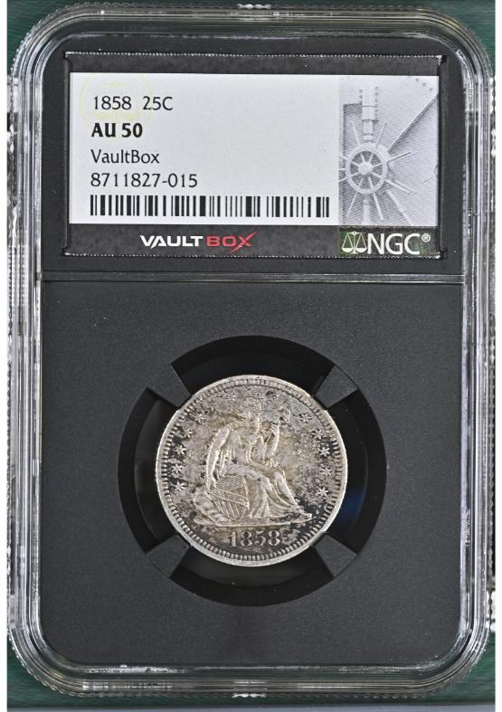1858 25C NGC AU50 FRONT
