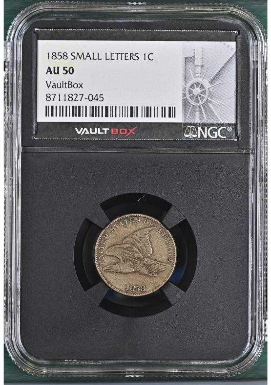1858 SMALL LETTERS 1C NGC AU50 FRONT