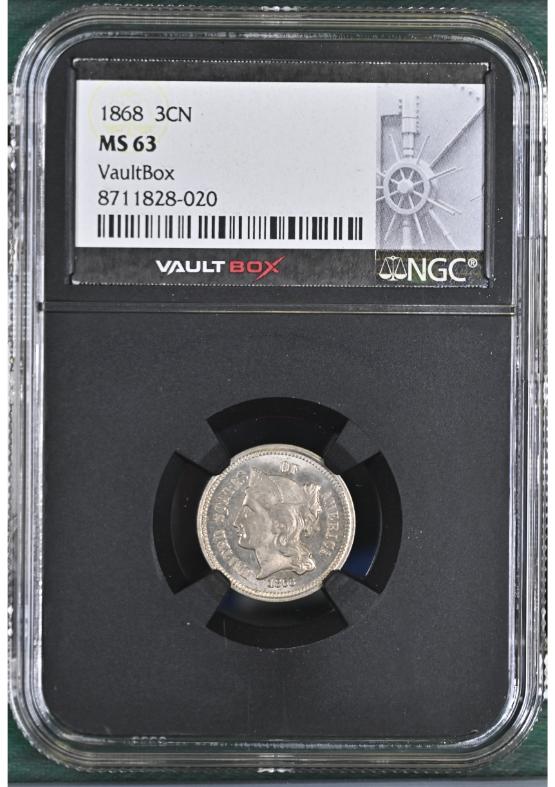 1868 3CN NGC MS63 FRONT