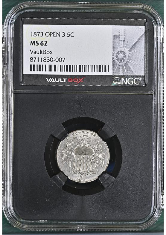 1873 OPEN 3 5C NGC MS62 FRONT
