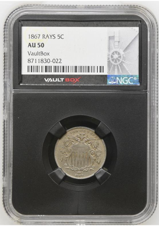 1867 RAYS 5C NGC AU50 FRONT
