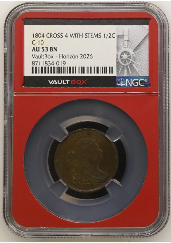 1804 CROSS 4 WITH STEMS 1/2C C-10 NGC AU53BN FRONT