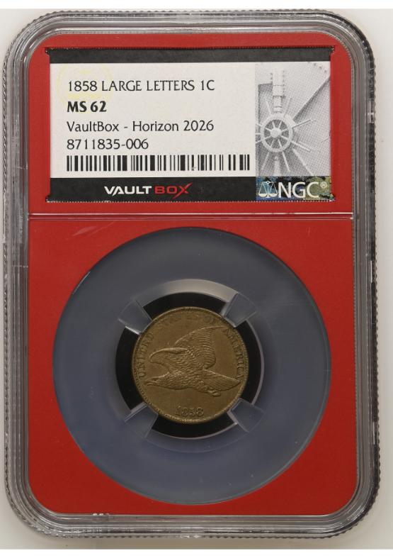 1858 LARGE LETTERS 1C NGC MS62 FRONT