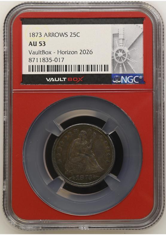 1873 ARROWS 25C NGC AU53 FRONT