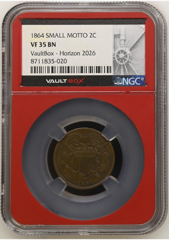 1864 SMALL MOTTO 2C NGC VF35BN FRONT