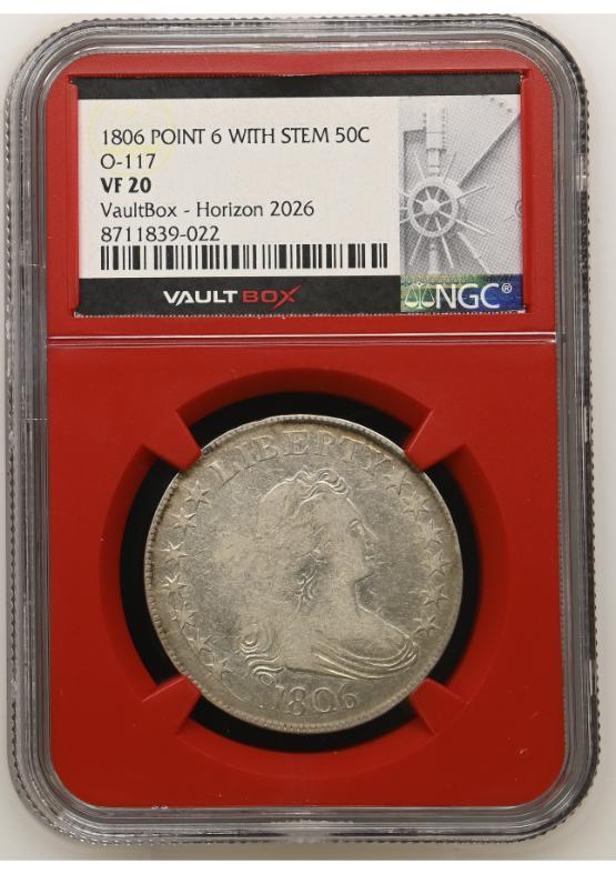 1806 POINT 6 WITH STEM 50C O-117 NGC VF20 FRONT