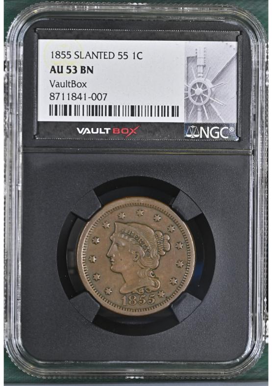 1855 SLANTED 55 1C NGC AU53BN FRONT