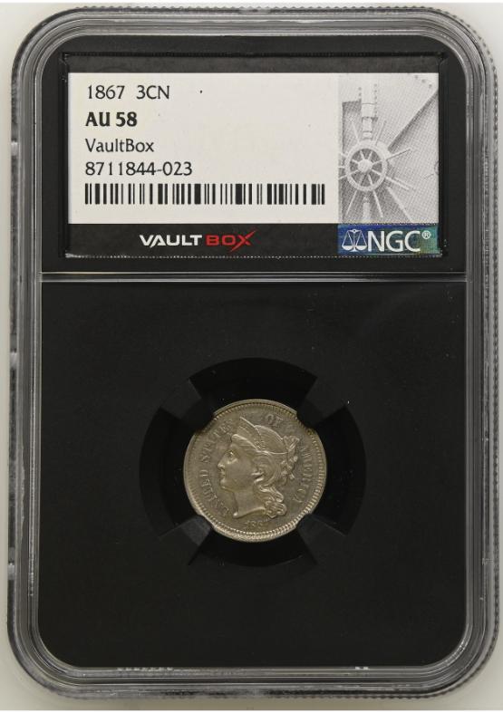 1867 3CN NGC AU58 FRONT