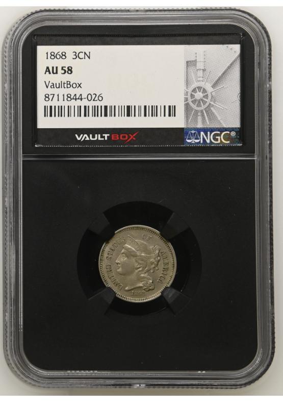 1868 3CN NGC AU58 FRONT