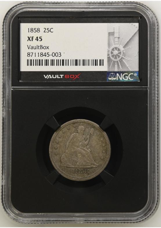 1858 25C NGC XF45 FRONT