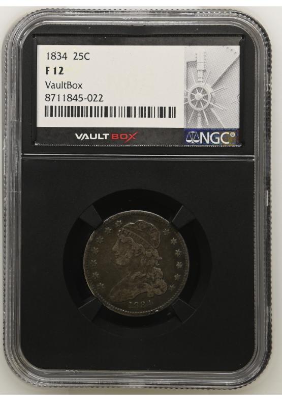 1834 25C NGC F12 FRONT