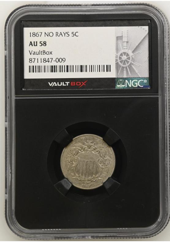 1867 NO RAYS 5C NGC AU58 FRONT