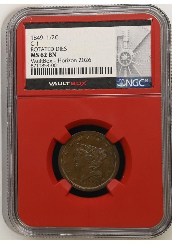 1849 1/2C C-1 ROTATED DIES NGC MS62BN FRONT