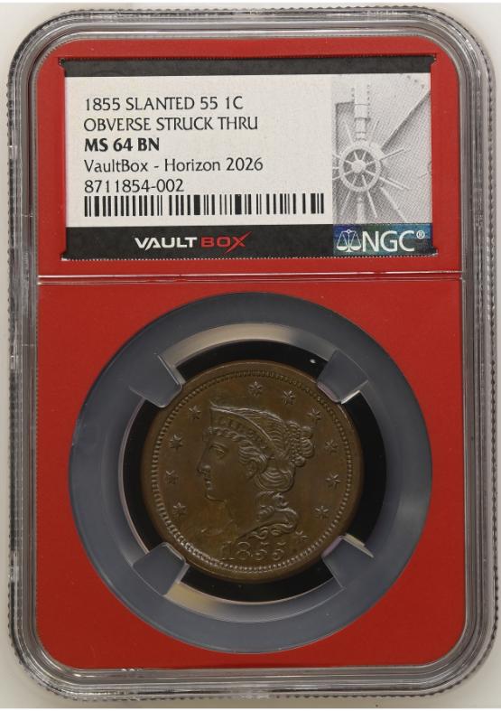 1855 SLANTED 55 1C OBVERSE STRUCK THRU NGC MS64BN FRONT