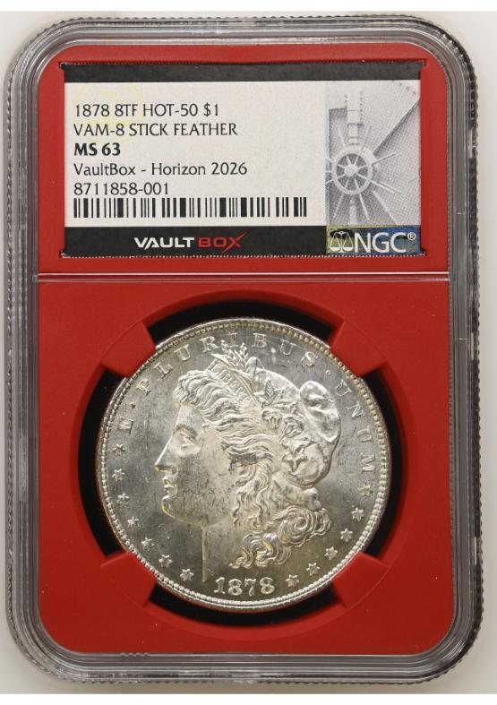 1878 8TF HOT-50 $1 VAM-8 STICK FEATHER NGC MS63 FRONT