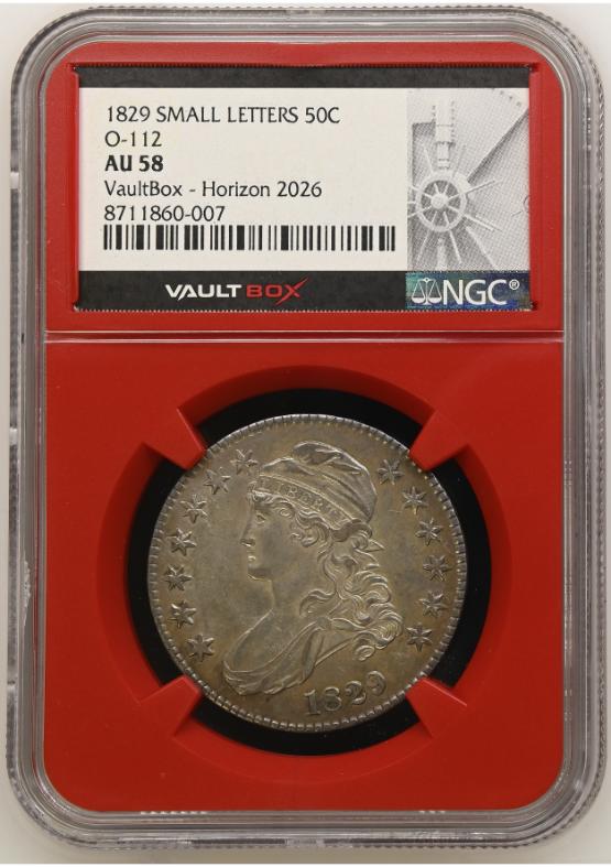 1829 SMALL LETTERS 50C O-112 NGC AU58 FRONT