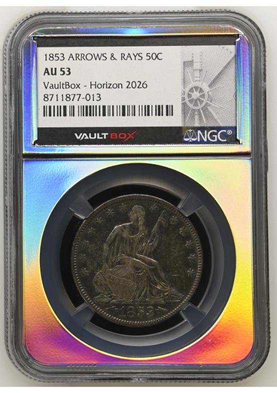 1853 ARROWS & RAYS 50C NGC AU53 TONER FRONT
